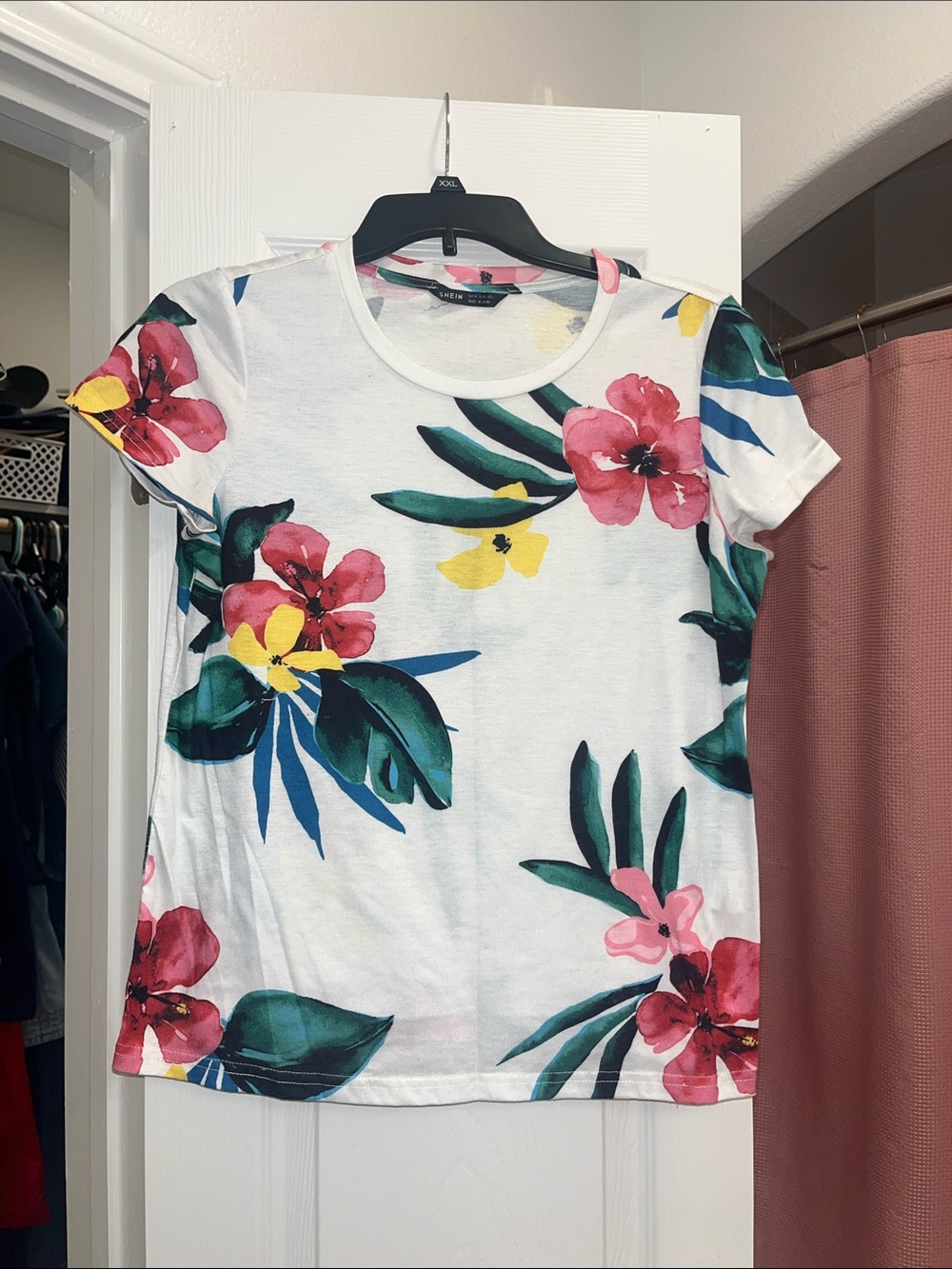 SHEIN White Tee with Pink & Yellow Floral Print